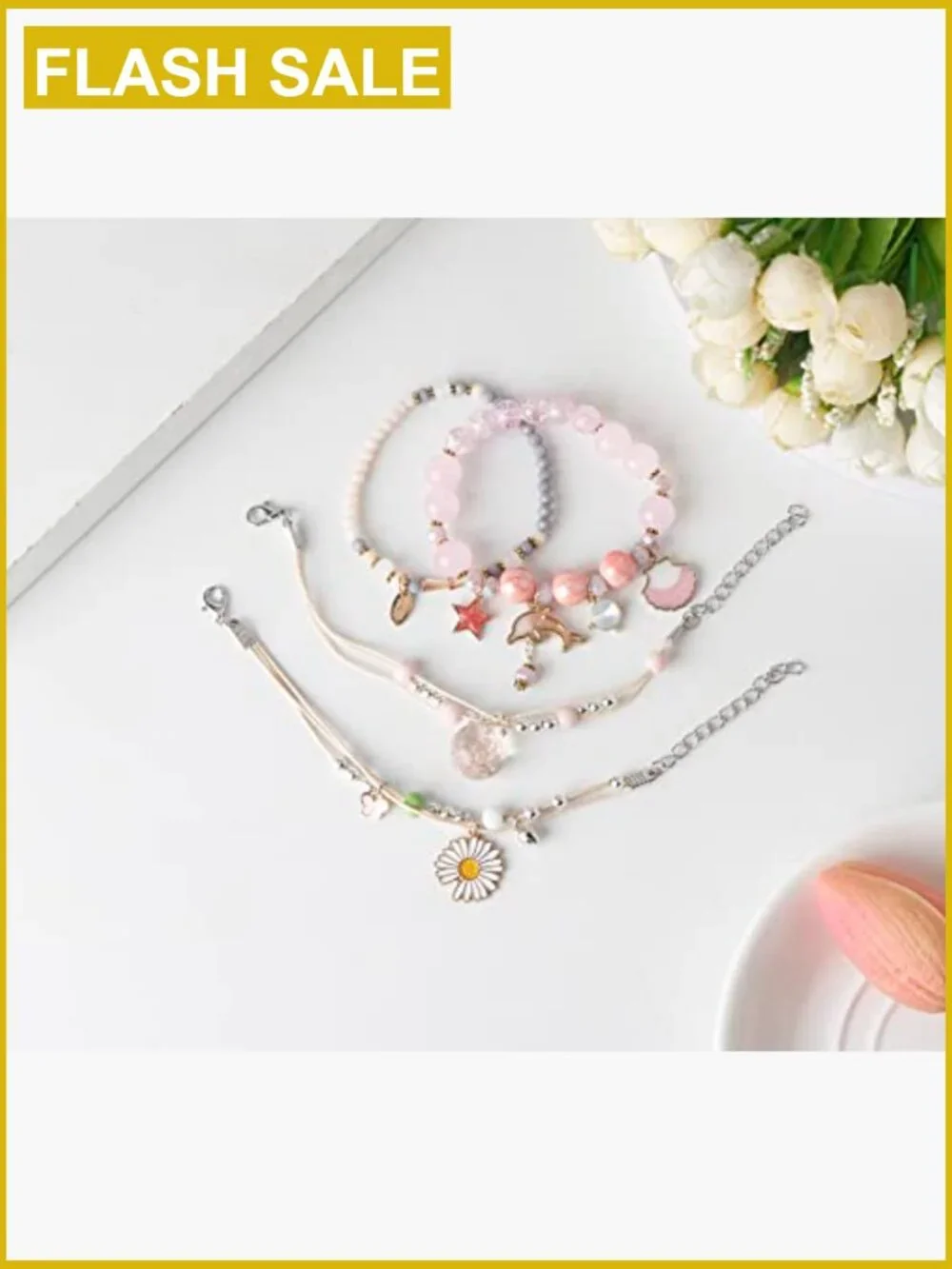 Beaded Charm Bracelet Set for Teen Girls - 4 Pack Stretch